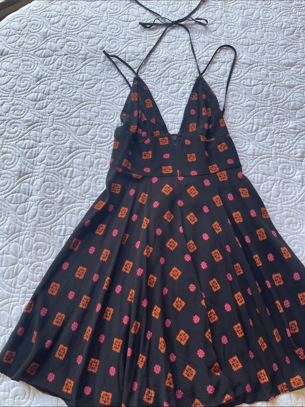 Ecote Black Mini Dress with Orange and Pink Print